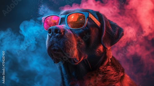 Dog wearing headset and sunglasses on colorful smoke background