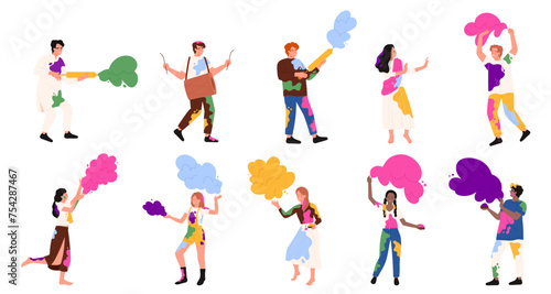 Happy people on Holi Hindu festival set. Male and female characters playing with colorful powder splashes, man and woman greeting with Festival of Colors, Love and Spring cartoon vector illustration
