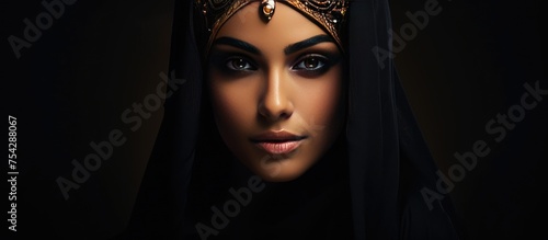A portrait of a woman with Arabian makeup wearing a headdress and a veil known as a black paranja, set against a dark background. photo