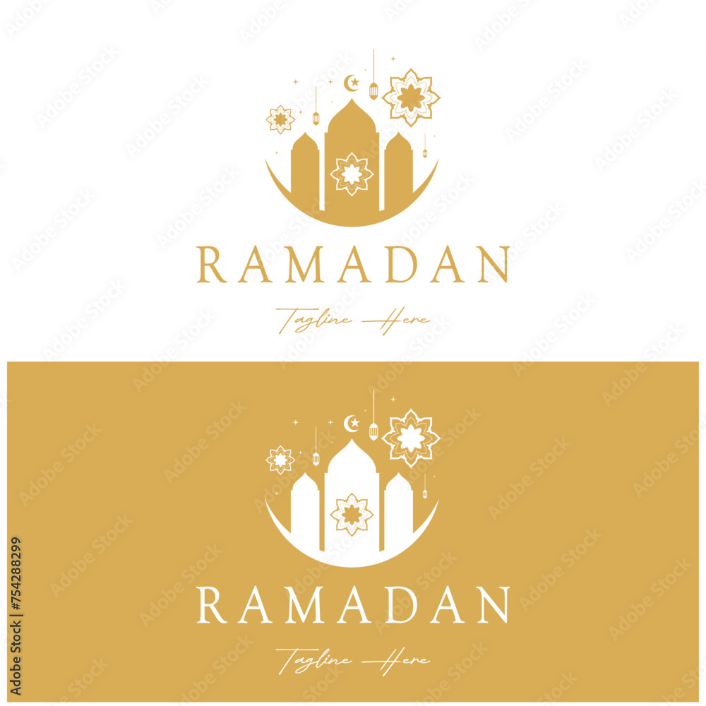 Fototapeta premium Ramadan Mubarak logo with lantern elements, crescent moon and star mosque building, Islamic calligraphy pattern, for business, architecture, Muslims, Eid, Eid cards, Islamic education