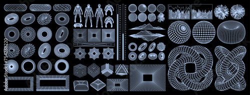 Abstract geometric elements for design. Futuristic 3D wireframe shapes, torus and sphere. Vector blanks for posters, business cards, banners, stickers