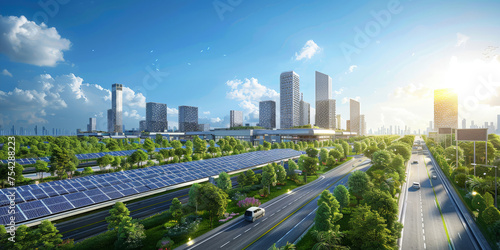 3D rendering of an ecofriendly city with solar panels, green buildings and smart transportation with blue sky background