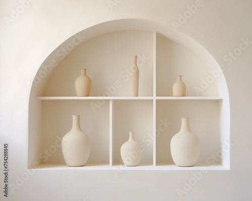 White ceramic vases and glasses on a shelf in the interior of the room. in the style of sculpted forms, arched doorway, light brown and light beige, minimalist purity, pictorial space.