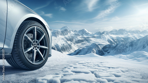 Luxury winter sports car tires near snowy road high in