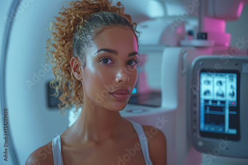 A woman undergoing a mammogram at a health care facility