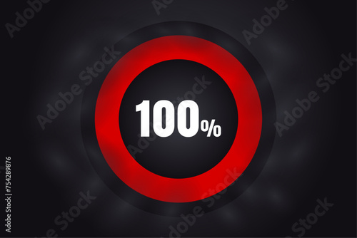 Loading 100%  banner with dark background and red circle and white text. 100% Background design. © sahenur89