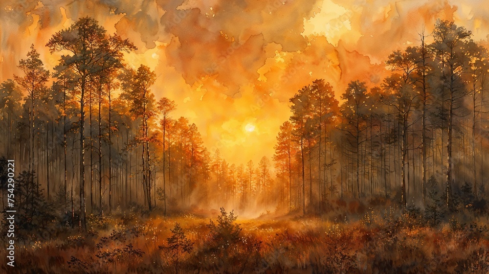 Watercolor sunset in the forest