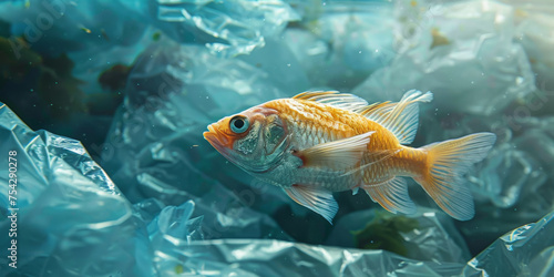 A fish is swimming in the ocean with plastic bags floating around it, impact of plastic pollution on marine life. Pollution in oceans concept.
