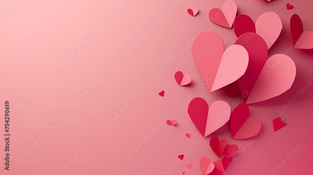 Heart-shaped paper elements soar against a pink background, serving as vector symbols of love suitable for Happy Women's, Mother's, Valentine's Day, or birthday greeting card designs