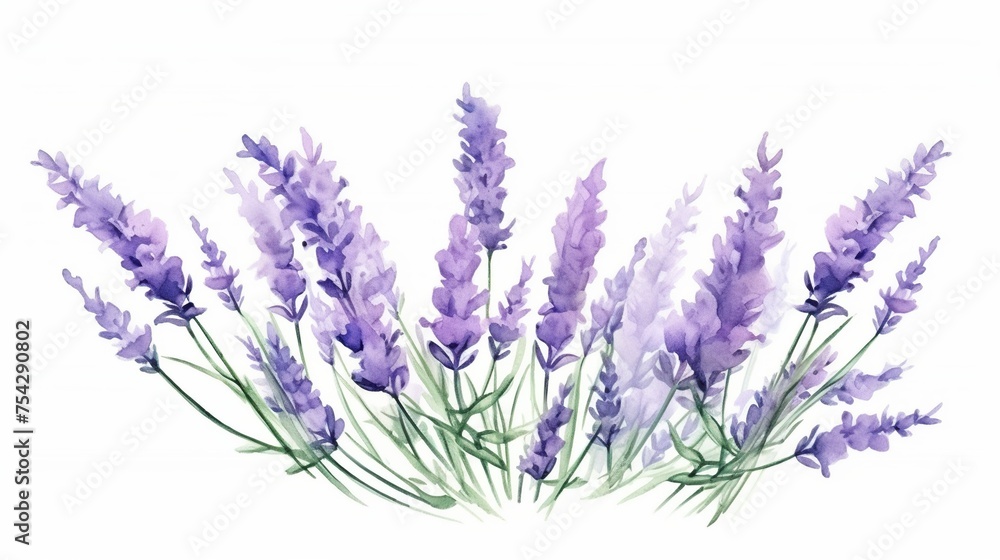 Naklejka premium Watercolor lavender flowers on a white background. Organic lavandula herb stems. Medical and aroma lilac herb botanical drawing concept.