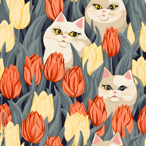 Adorable cat faces nestled among lush tulips; a tranquil garden illustration perfect for serene home textiles and decor. 