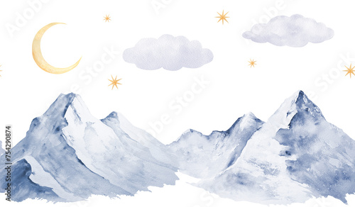 Seamless banner or frame with watercolor illustration of snowy blue mountains, moon, stars,clouds. Handmade landscape, suitable for wallpaper and room decor, postcards