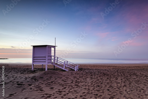 Lifeguard tower on the empty beach at sunrise  in Puerto del Carmen, Lanzarote