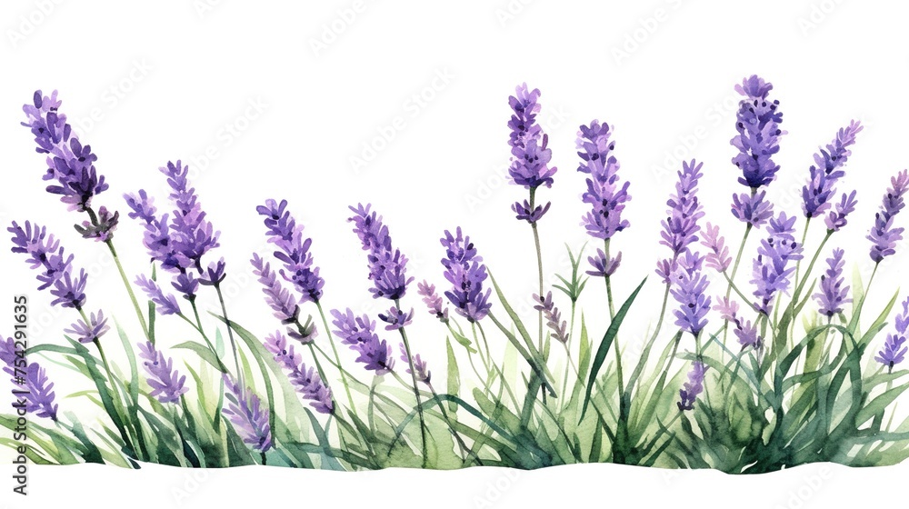 Naklejka premium Watercolor lavender flowers on a white background. Organic lavandula herb stems. Medical and aroma lilac herb botanical drawing concept.
