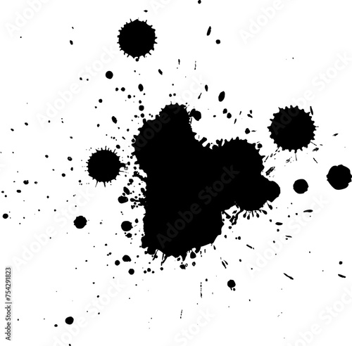 black ink brushed splash splatter on white background in grunge graphic element