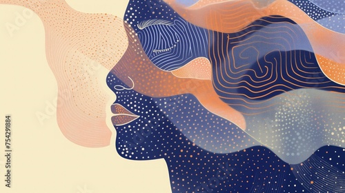 Obraz przedstawia twarz kobiety wykonaną przy użyciu abstrakcyjnych kształtów. Wyznacza on głębokie ukryte emocje i stan mindfulness. photo