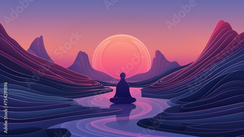 Obraz przedstawia osobę medytującą na środku rzeki, wskazując na stan skupienia i spokoju w abstrakcyjnym obrazie z linii w kolorach fioletu.