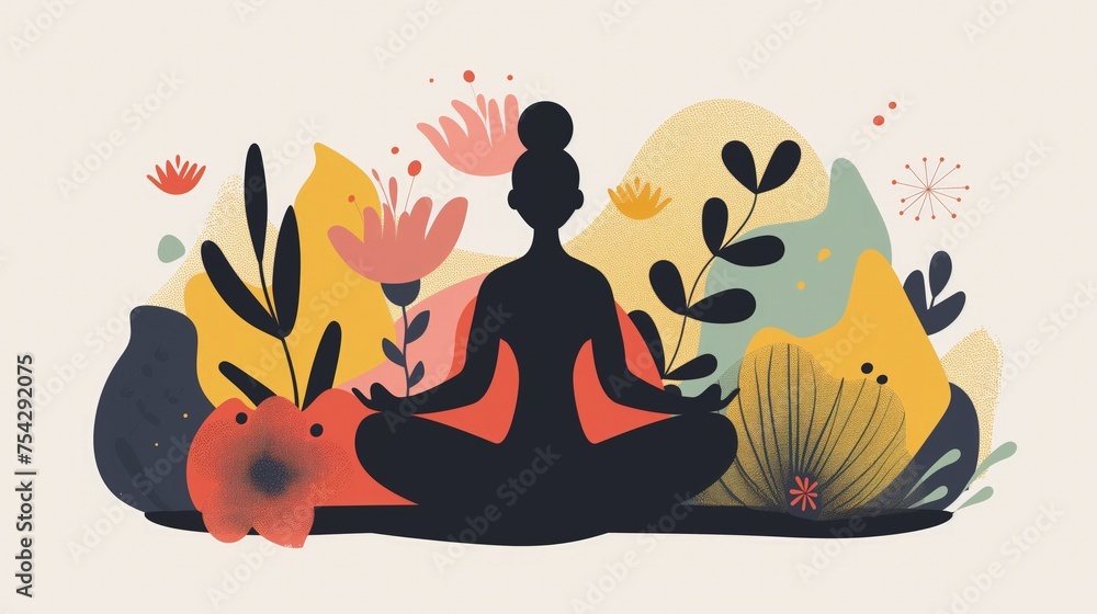 Osoba w pozycji lotosu siedzi otoczona roślinami, praktykując mindfulness wśród zieleni i natury. - obrazy, fototapety, plakaty 