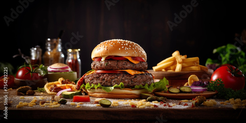Fast Food delivery service. Tasty Burgers background. Unhealthy meal.  Takeaway cheeseburger  street food. Barbecue  grill.