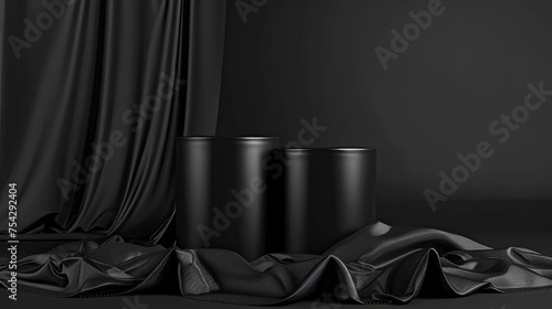 Cylinder podium covered with black cloth on background. Premium empty fabric pedestal for product display - generative ai