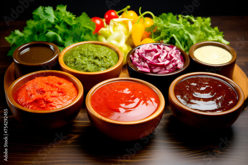 Assorted sauces in bowls on wooden background. Selective focus