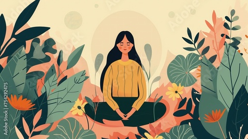 Kobieta siedzi w pozycji lotosu, skupiona na praktykowaniu mindfulness, otoczona zielonymi roślinami w tle. photo