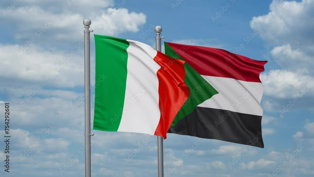 Sudan and Italy two flags waving together, looped video, two country cooperation concept Sudan and Italy two flags waving together, looped video, two country cooperation concept