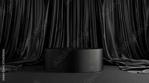 Cylinder podium covered with black cloth on background. Premium empty fabric pedestal for product display - generative ai