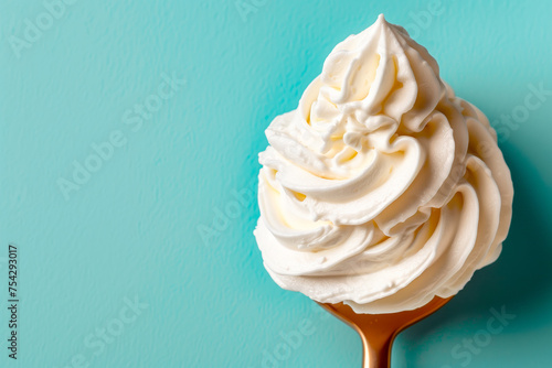 White texture of Vanilla ice cream with whipped cream on a stick on a green background. Detailed pure creamy background