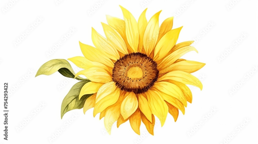 Obraz premium Watercolor yellow sun flower with green leaves on a white background. Hand drawn botanical summer flower concept.