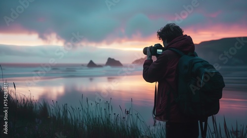 Osoba trzymająca aparat fotograficzny w dłoniach i fotografująca zachód słońca na tle nieba.