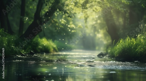 Strumień przepływający przez bujny zielony las © Artur48