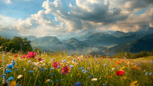 Alpine Meadow with Colorful Flowers at Sunset