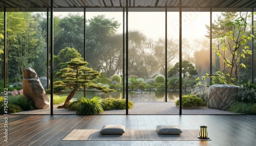 Minimalistic room interior with plants and beautiful view with floor-to-ceiling windows to a spring zen garden. Yoga studio concept in the style of spiritual meditations