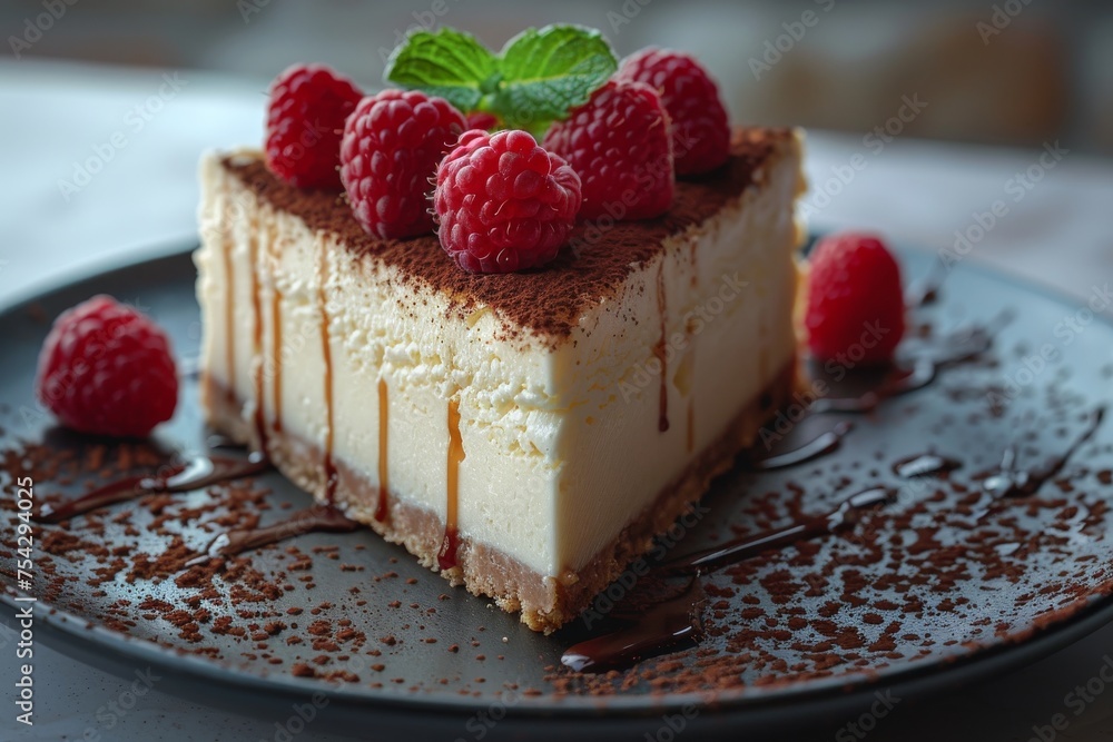 Slice of cheesecake with raspberries on a plate