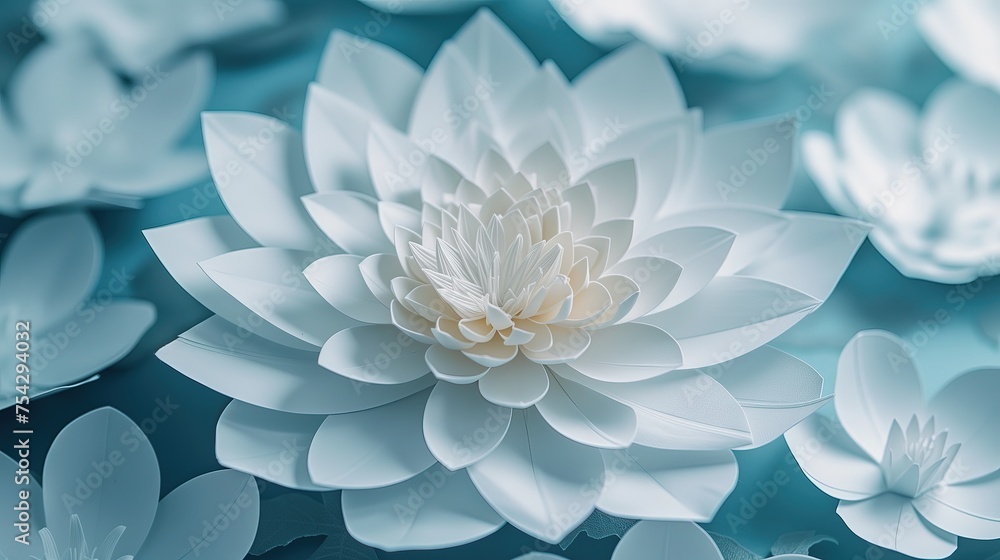 Biały kwiat z papieru wygląda jak by pływał po błękitnej wodzie, symbolizując spokój i głęboką harmonię z otoczeniem naturalnym. - obrazy, fototapety, plakaty 
