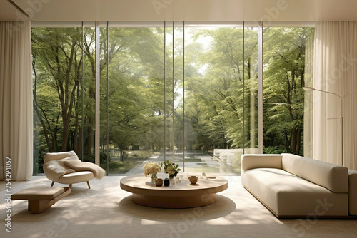 A window room with floor-to-ceiling glass walls overlooking a tranquil garden. Beige curtains flutter in the breeze, adding a touch of elegance to the minimalist space. © Hashmat