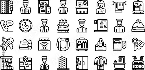 Doorman icons set outline vector. Hotel book room. Travel man character photo