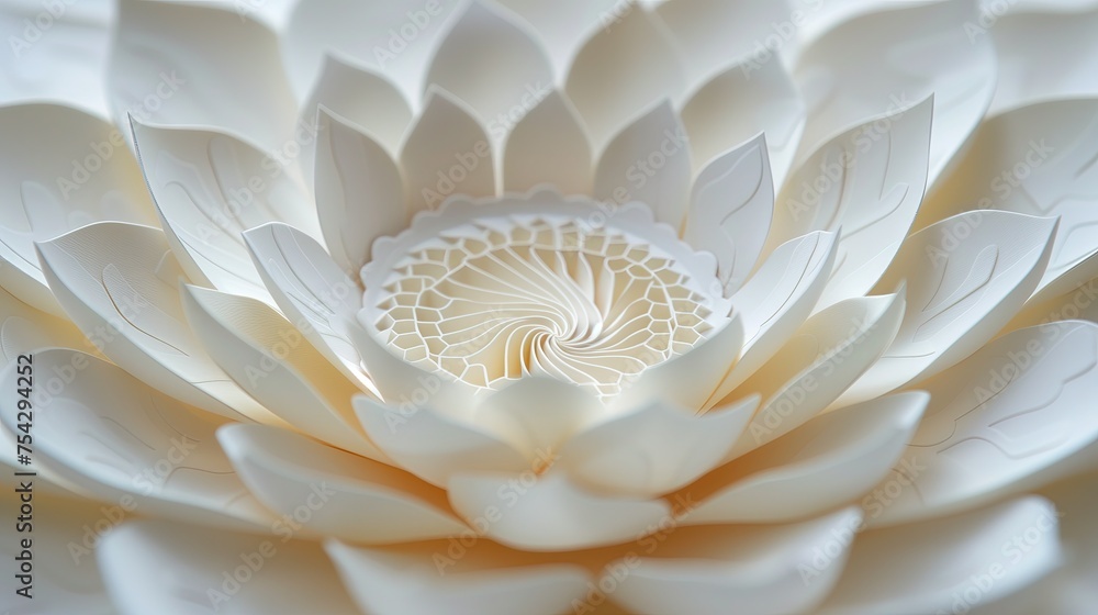 Bliska zdjęcie dużej białej kwiatu z papieru tworząc abstrakcyjne linie na środku - obrazy, fototapety, plakaty 