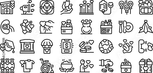 Sharing is caring icons set outline vector. Give donate money. Charity care hope