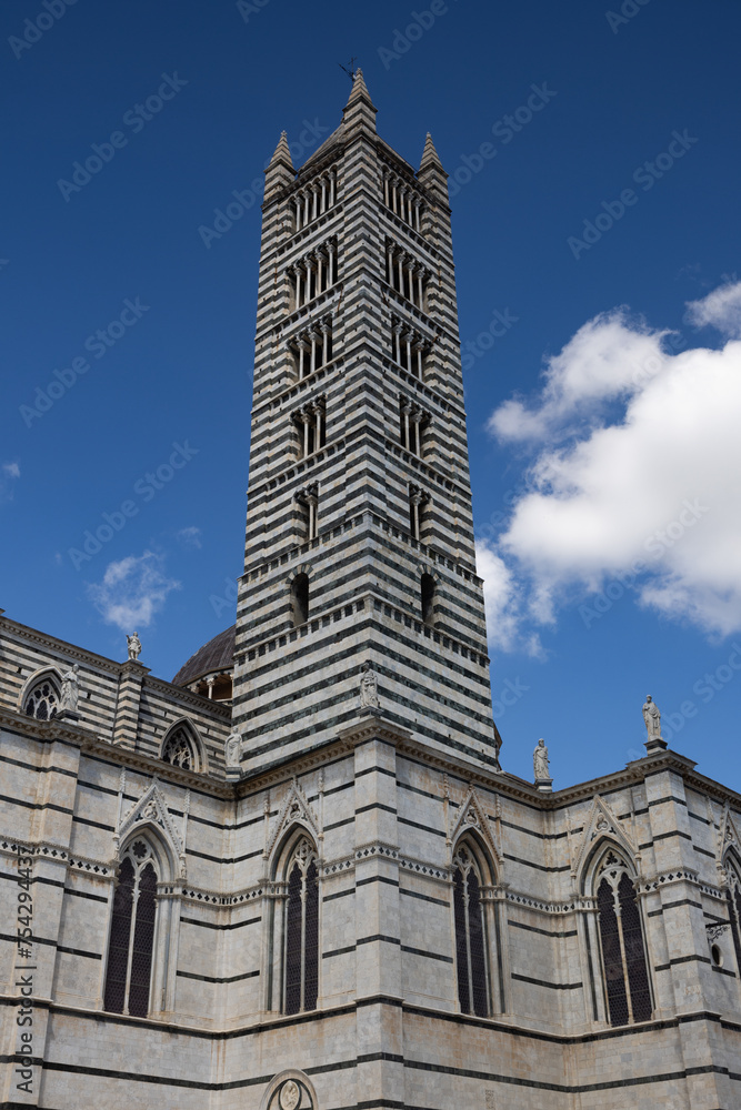 Fototapeta premium The striped romanesque bell tower of Siena Cathedral. Tuscany, Italy
