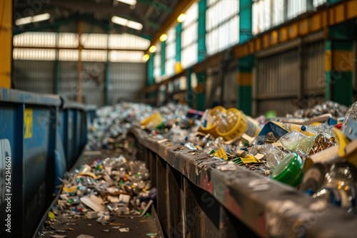 recycling centers and waste management facilities, illustrating the process of sorting and recycling materials.