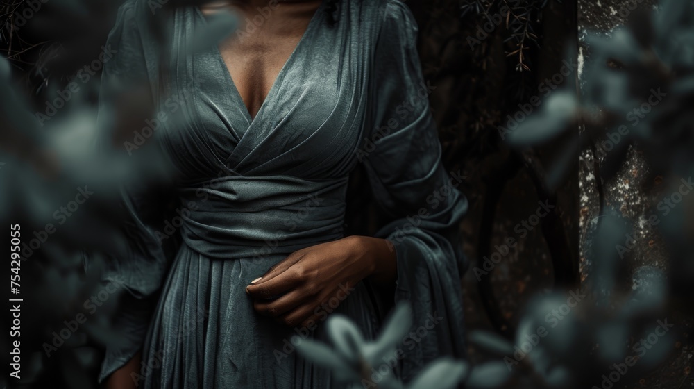  a close up of a woman wearing a dress and holding her hands in her pockets while standing in a forest. - obrazy, fototapety, plakaty 