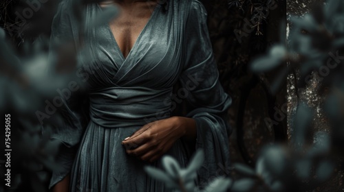  a close up of a woman wearing a dress and holding her hands in her pockets while standing in a forest. photo
