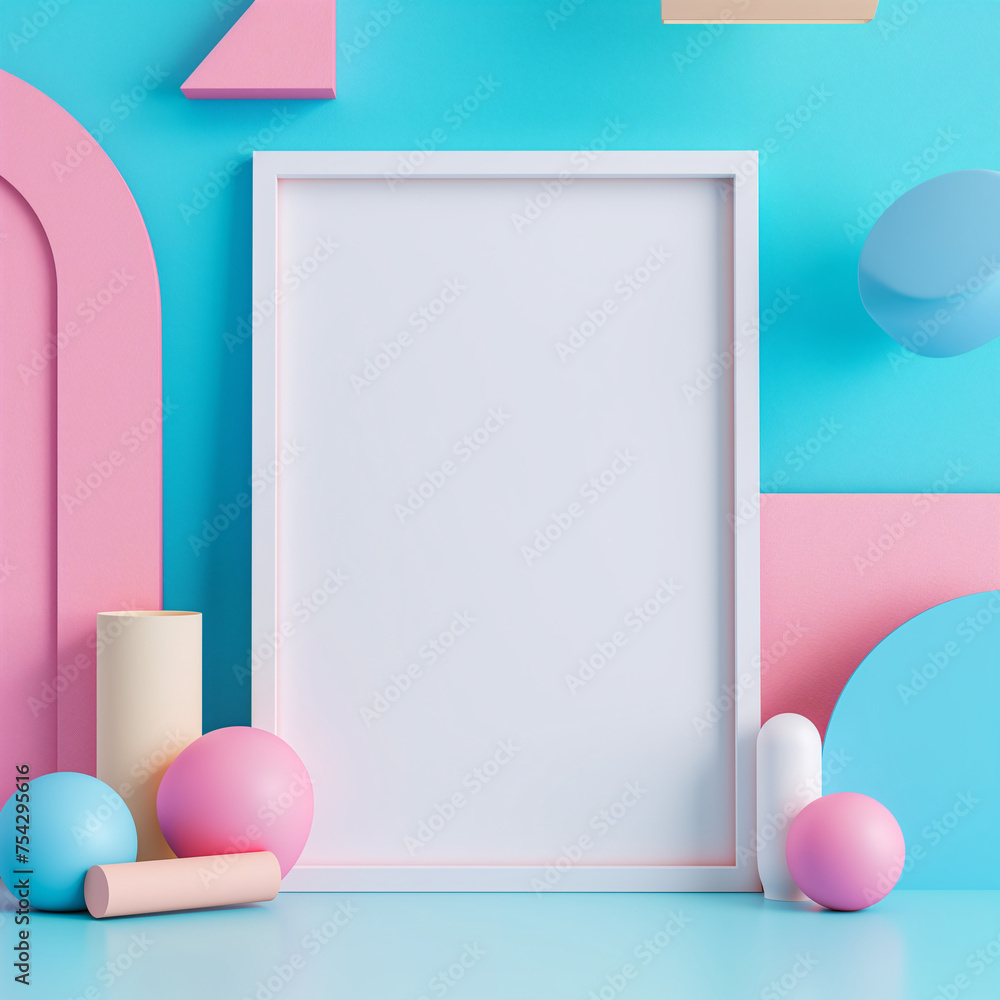 empty white frame in center in abstract composition of 3d shapes, empty mockup empty white frame in center in abstract composition of 3d shapes, empty mockup