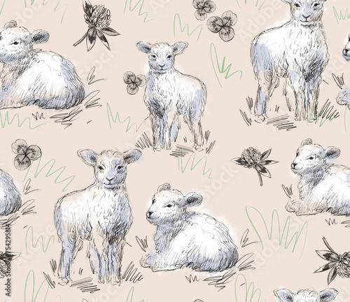 Beautiful pencil drawn rustic pattern with sheep on a beige background. © Arina