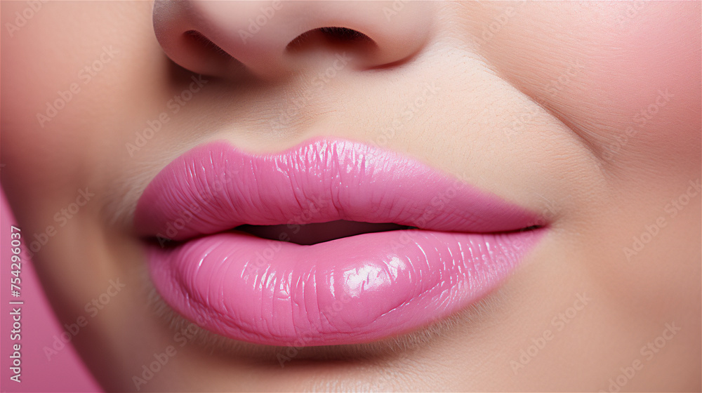 Female plump lips with pink lipstick gloss Female plump lips with pink lipstick gloss
