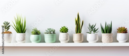 A row of various succulent plants in different pots placed neatly on a white shelf indoors. The minimalist display adds a touch of greenery to the space.