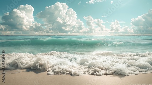 Crystal-clear turquoise sea waves gently wash over a white sandy beach under a blue sky © rorozoa