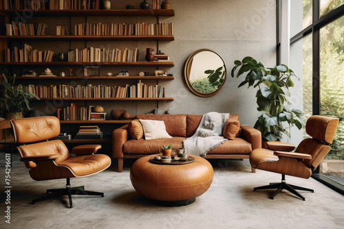 Cozy living room setup with round wooden coffee table, leather chair, and ottoman near a sofa. Floating shelves adorn the wall. © Hashmat